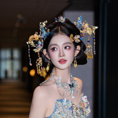 新娘气质浅蓝仙气秀禾头饰高级感蝴蝶中式造型龙凤褂礼服梦幻发饰