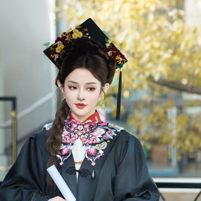 中国风仿真花绒花礼帽大学生毕业照硕士帽拍照写真簪花学士帽成品