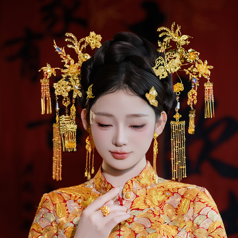 新娘喜字流苏结婚高级大气中式秀禾头饰金色龙凤褂汉服婚礼发饰品