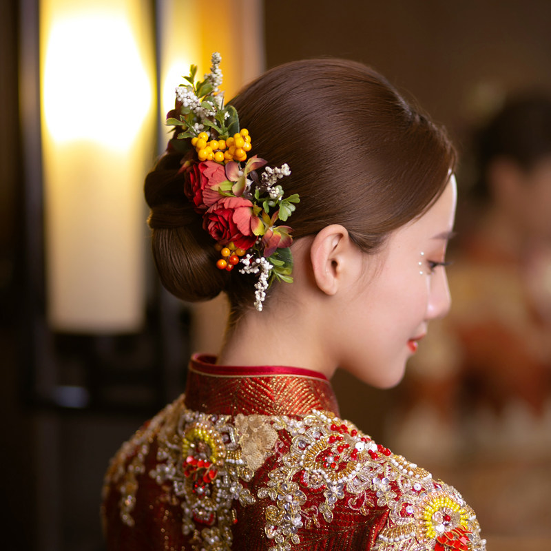 秀禾服敬酒服头饰套装时尚玫瑰古风盘发造型红色花盒简约森系百搭