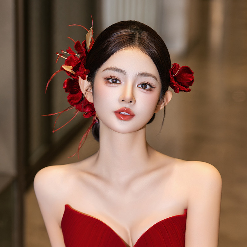 新娘高级感国风红色系手作羽毛头饰敬酒服订婚花朵新中式减龄发饰