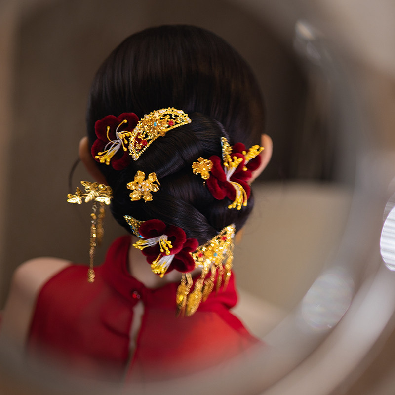 新娘华丽金色后区贵气头饰手工复古红色国风绒花礼服旗袍订婚发饰图片
