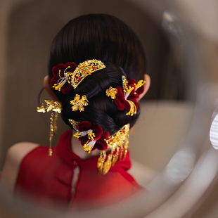 新娘华丽金色后区贵气头饰手工复古红色国风绒花礼服旗袍订婚发饰