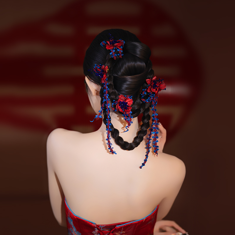 小众新娘气质红蓝撞色订婚结婚敬酒服头饰新中式晨袍跟妆拍照配饰