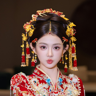 2025中式新娘发饰秀禾服大后区手工红金色头饰宫廷龙凤褂古装配饰