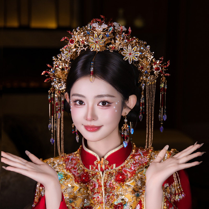 古风新娘发饰重工奢华古典婚礼大气汉服眉心坠凤冠流苏盘发配饰品图片