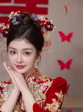 新娘头饰绒花流苏发簪古典造型秀禾服结婚中式古风蓝色蝴蝶发饰品