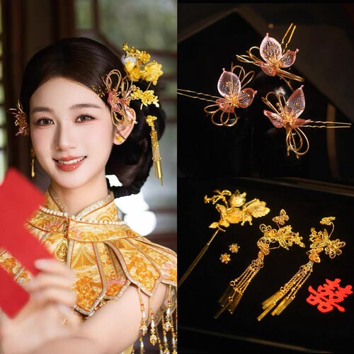 新中式复古感新娘发饰结婚龙凤褂手作编织花朵发钗婚礼金色系头饰