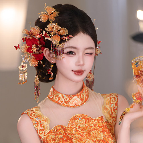 新娘花朵秀禾结婚高端高级国风手工流苏百搭头饰奢华中式婚礼发饰