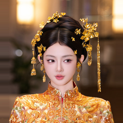 新娘发饰龙凤褂全金色花朵流苏款简约大气气质手工古风古装头饰品
