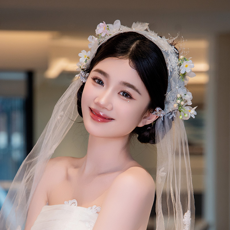 新娘花朵羽毛公主法式头造型超仙森系新款发饰大气饰莫奈花园头纱