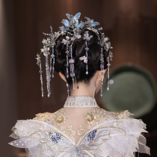 新中式银蓝色系大后区水晶蝴蝶古装汉服头饰新娘传统婚礼发饰套装