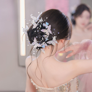 2025新娘头饰韩式温柔水晶蝴蝶发饰超仙婚纱晨袍敬酒礼服配饰新款