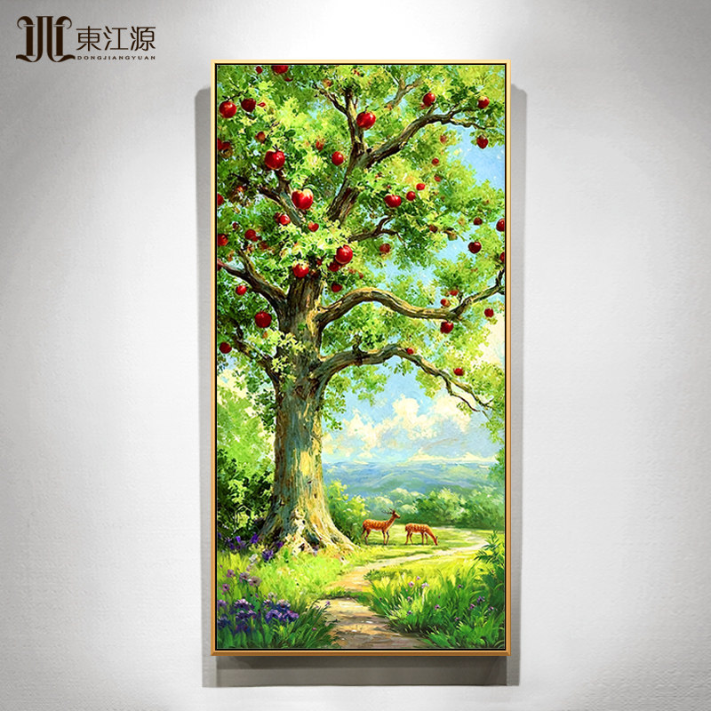 东江源【苹果树】手绘油画玄关绿色装饰画2025新款高级感大芬村