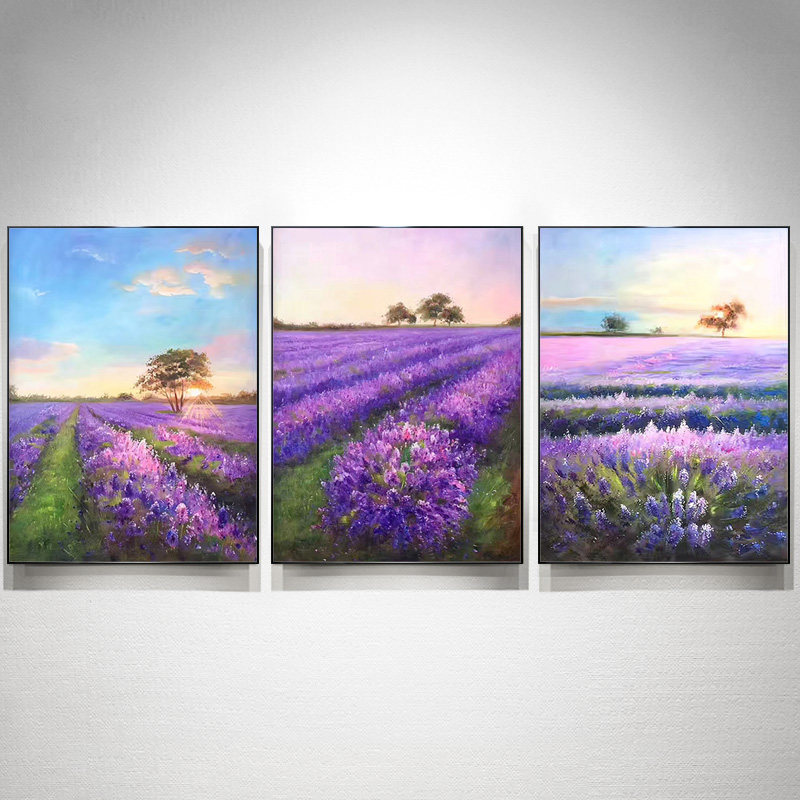 手绘油画薰衣草风景现代简约轻奢客厅挂画玄关装饰画餐厅三联画