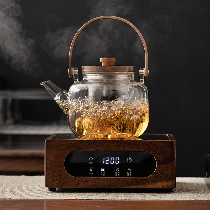 高档胡桃木电陶炉煮茶器蒸煮耐热玻璃烧水壶煮花果茶具家用煮茶壶