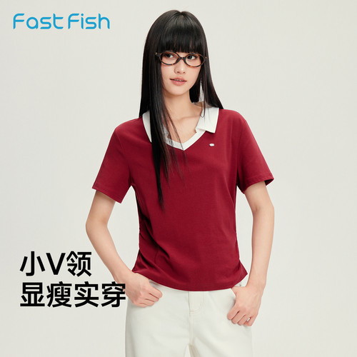 快鱼女2026年夏季新款撞色正肩POLO衫V字型翻领短袖减龄显瘦T恤