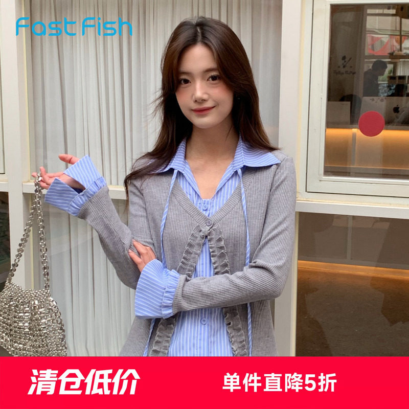 快鱼韩系花边V领衬衫拼接针织衫女2026秋季设计感假两件上衣女装图片