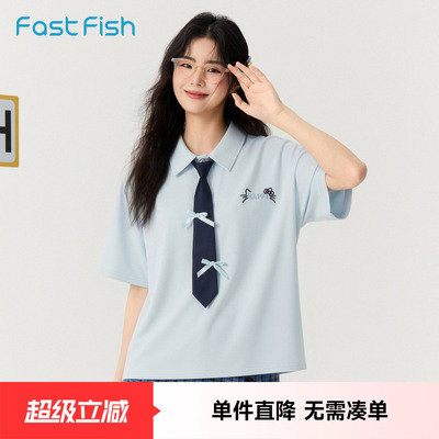 快鱼polo衫女短袖夏薄款2026新款老钱风正肩T恤猫咪刺绣休闲上衣