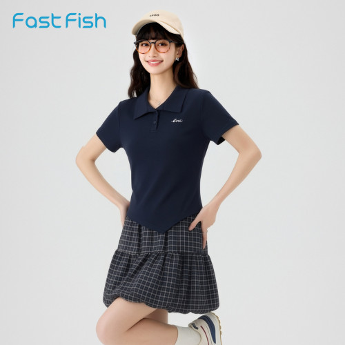 快鱼26年女士夏季学院风减龄气质上衣短裙套装格纹百搭洋气漂亮裙
