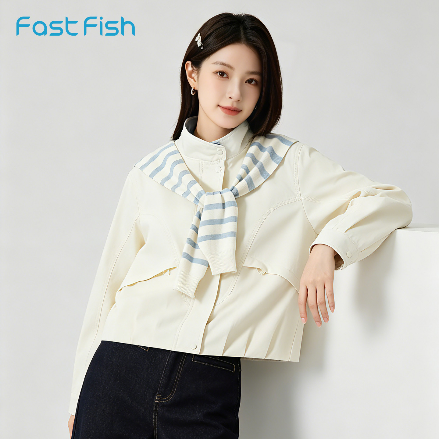 快鱼夏清新学院风夹克披肩宽松短款大口袋拉链氛围感上衣休闲外套