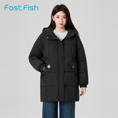 快鱼2025冬新款 女士中长款 连帽棉服保暖舒适简单百搭抗风御寒棉衣
