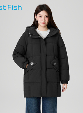 快鱼2025冬新款女士中长款连帽棉服保暖舒适简单百搭抗风御寒棉衣