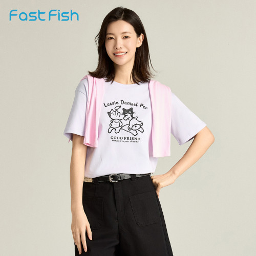 快鱼2026夏纯棉刺绣圆领短袖t恤女落肩印花基础百搭休闲宽松上衣