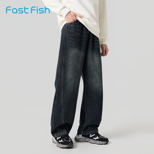 快鱼2025冬季男韩版时尚青年显瘦百搭休闲弯刀牛仔裤直筒牛仔裤子