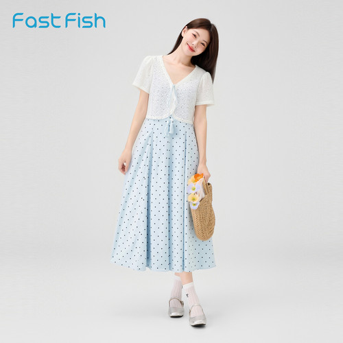 快鱼法式连衣裙波点裙子女款2026新款文艺淑女气质显瘦两件套开衫