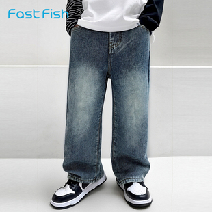 快鱼儿童简约百搭水洗牛仔裤2025年冬季新款宽松直筒裤子潮流童装