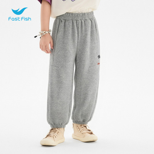 快鱼春秋季新款童装裤子大童宽松束脚运动休闲裤刺绣棉感针织卫裤