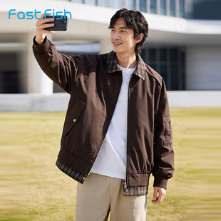 快鱼羽绒服男款2026新款美式复古休闲格子外套假两件翻领男装夹克