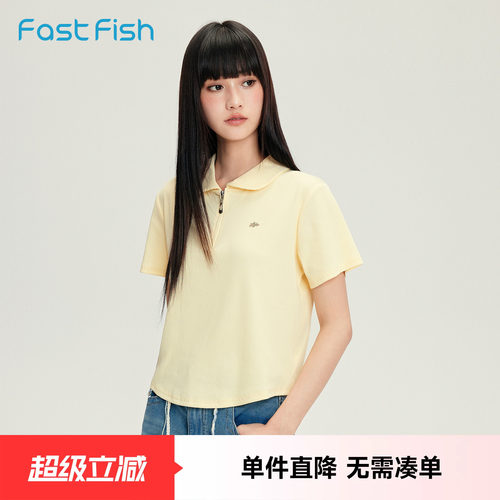 快鱼美式翻领polo衫短袖t恤女2026夏季新款显瘦百搭休闲短款上衣
