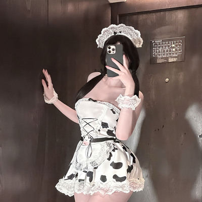 甜美性感奶牛纹蕾丝花边女连衣裙