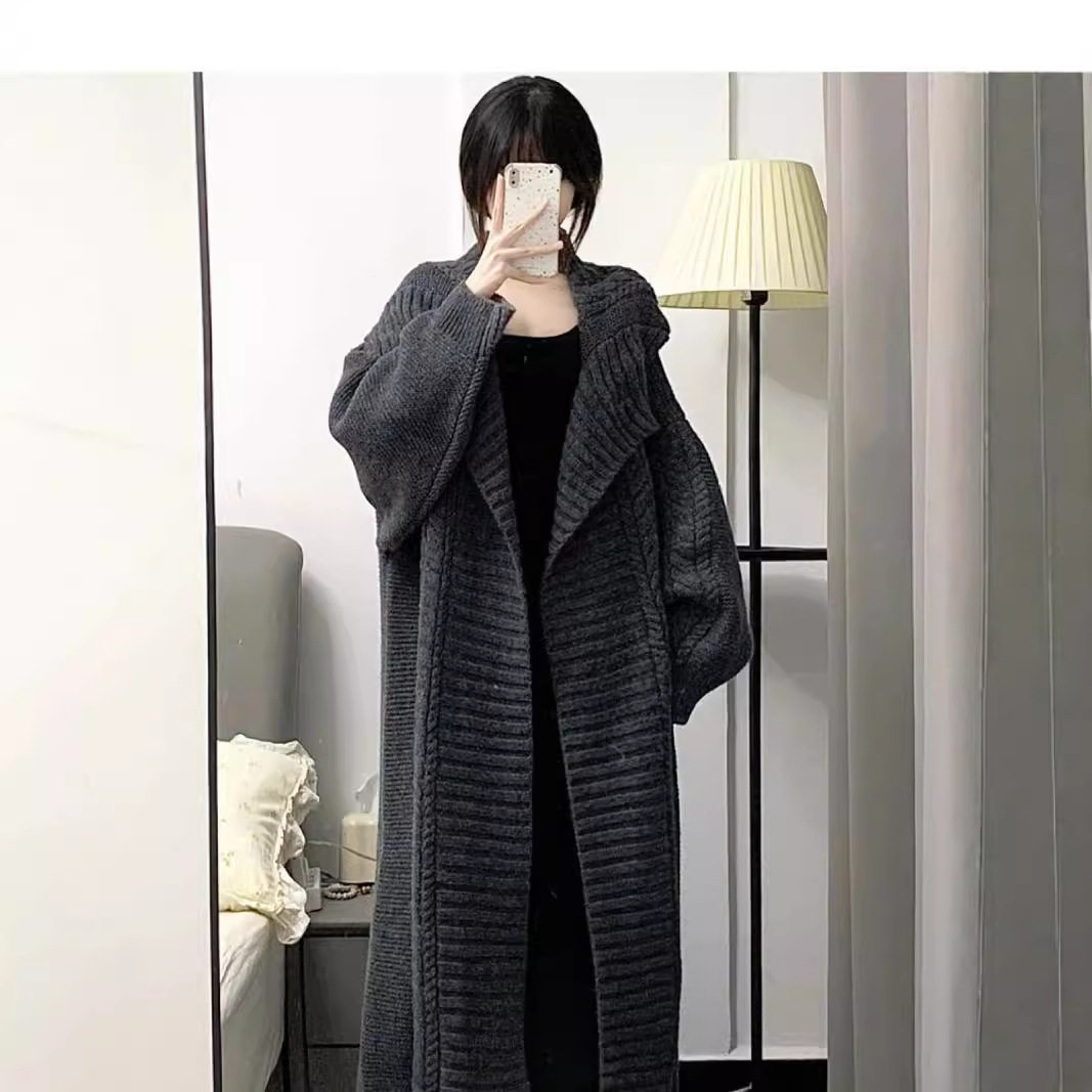慵懒风麻花长款毛衣女开衫2025秋冬新款翻领宽松加厚针织外套大衣