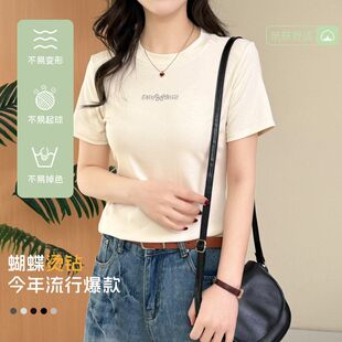 修身 新款 t恤女蝴蝶烫钻打底衫 短袖 显瘦正肩设计感上衣批发 春季