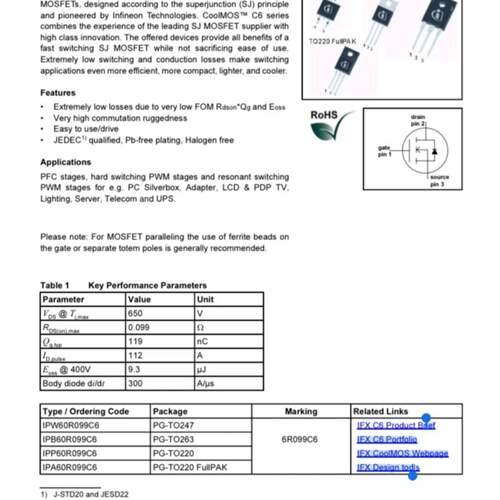 议价英飞凌MOS管。6R099C6，低内阻IPP60R099C6可维修翻新