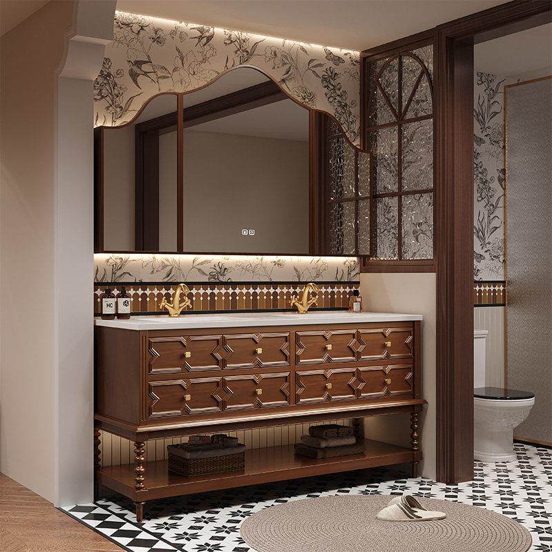 法式覆古风浴室柜组合橡木美中式化妆室洗漱台落地岩板陶瓷一体盆