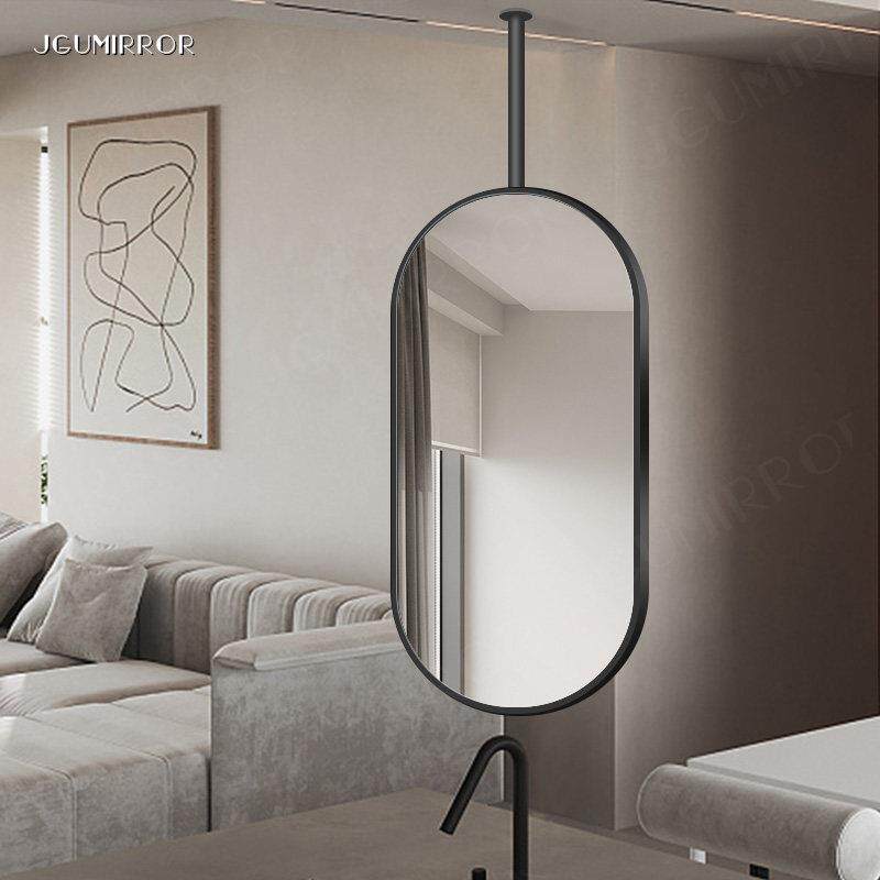 天花板吊镜椭圆形黑色卫生间吊杆镜子悬空酒店民宿悬挂化妆镜定制