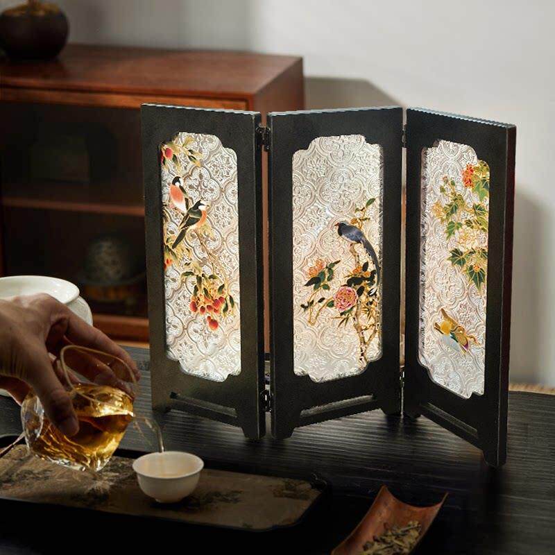 茶室桌面屏风摆件创意边柜高级感摆画喜上眉梢茶台覆古折叠小屏风