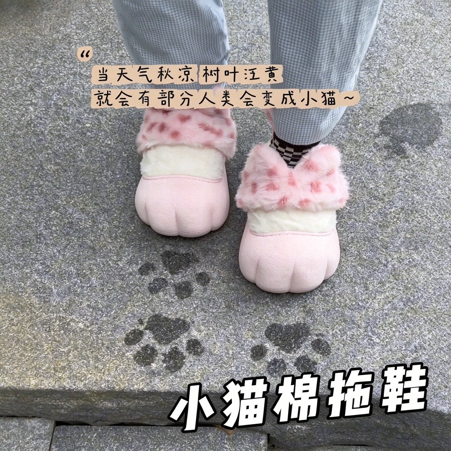 豹纹猫咪冬季保暖毛绒棉拖鞋女