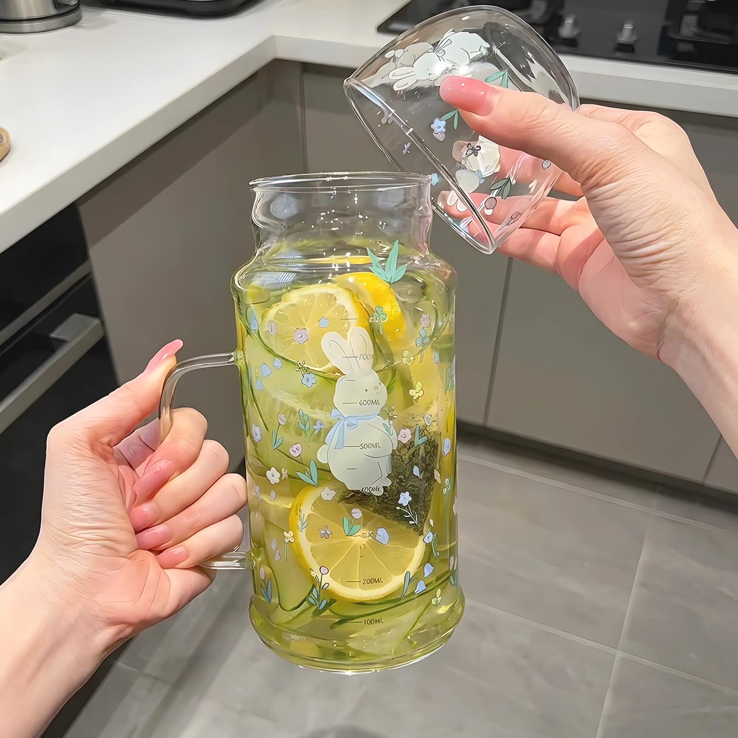 夏天冷水壶玻璃耐高温大容量家用高颜值小兔凉水壶带手柄1L饮水壶