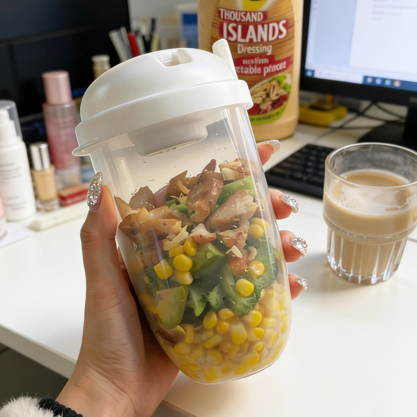 便携式沙拉杯外带塑料盒子密封减脂定量小饭盒上班族水果杯带叉子