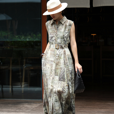 设计师亚麻衬衫领长款无袖连衣裙