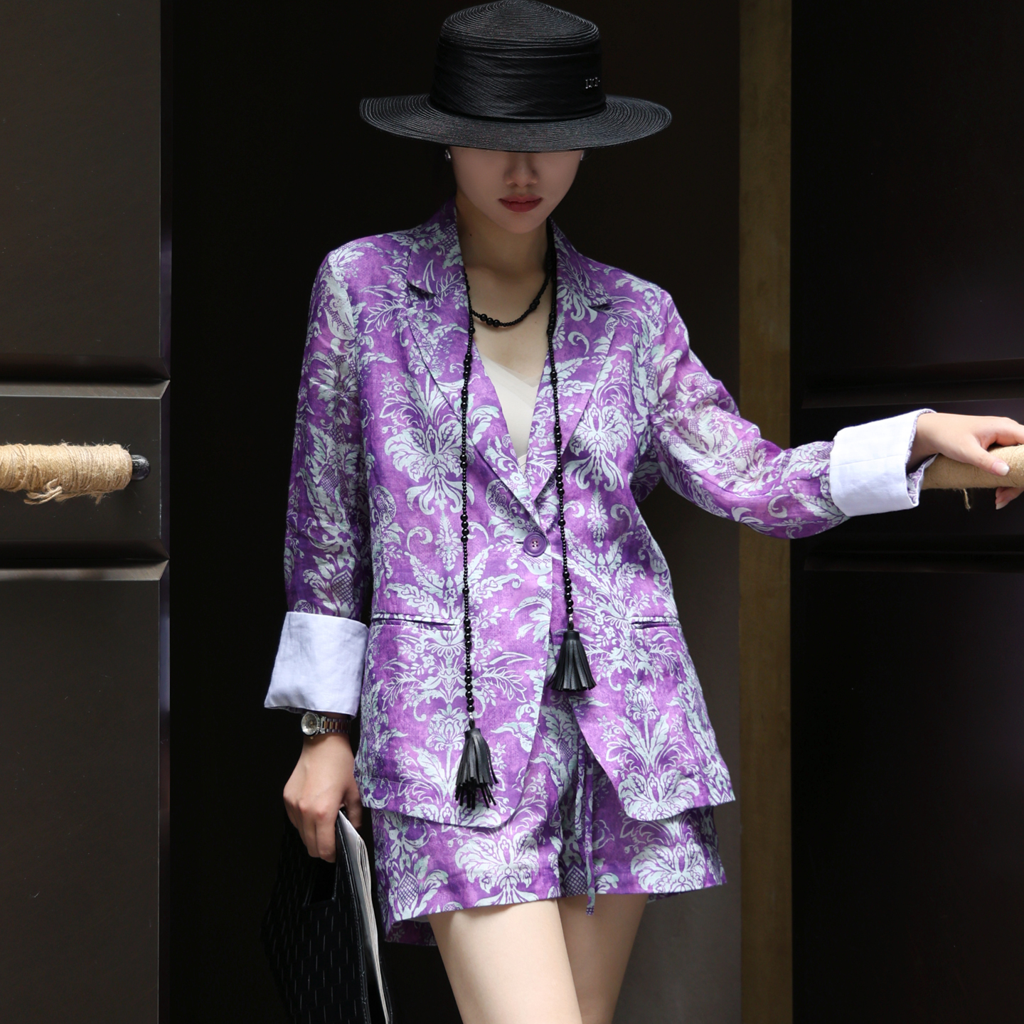 设计师春夏女装苎麻印花西装外套女薄款时尚套装高级感短裤两件套