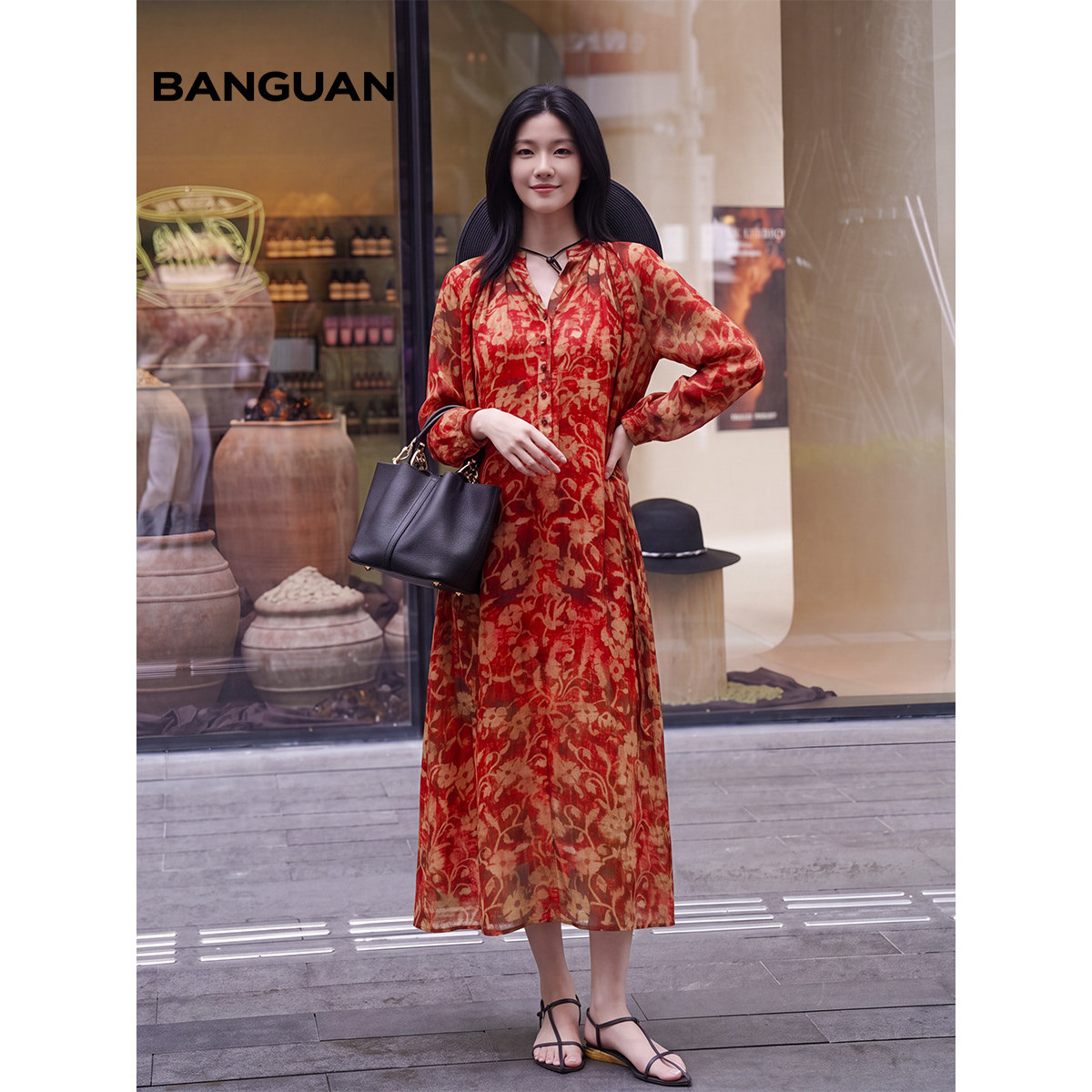 BANGUAN半罐晕染花卉V领连衣裙
