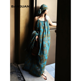 BANGUAN半罐 原创设计复古印花吊带连衣裙松弛感度假内搭长裙