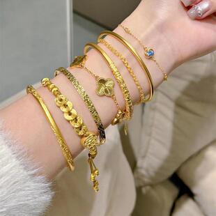 古法黄金包银素圈手镯仿真金手环手链999足实心送女友礼物