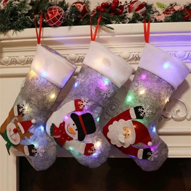 led glowing christmas stockings socks snowman santa elk prin